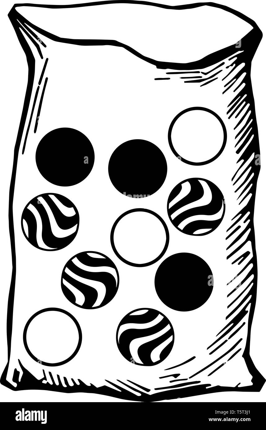 Un sac contient 10 billes de même taille : trois sont identiques ; quatre marbres blanc à rayures sont identiques aux billes et trois billes noires, vintage li Illustration de Vecteur