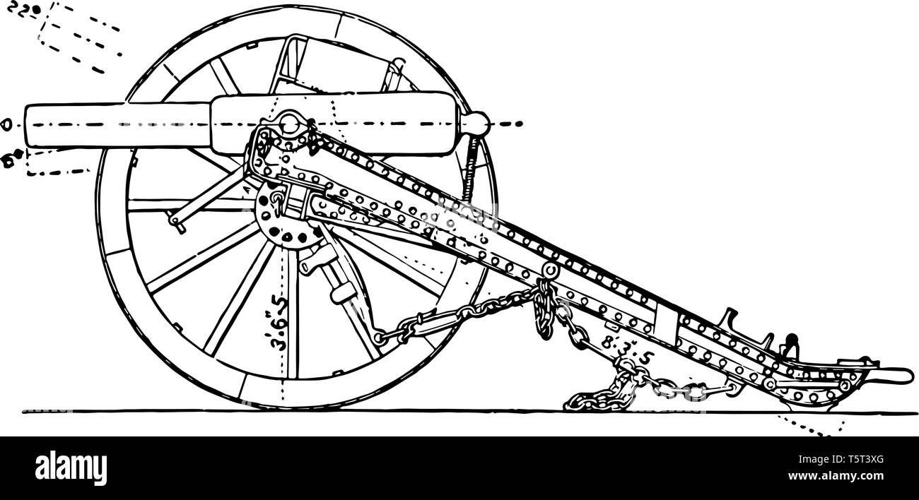 Canon de campagne transport transportés par rail à l'intérieur des terres et ensuite tiré sur chariots de fortune par des bœufs, vintage dessin ou gravure illustration. Illustration de Vecteur