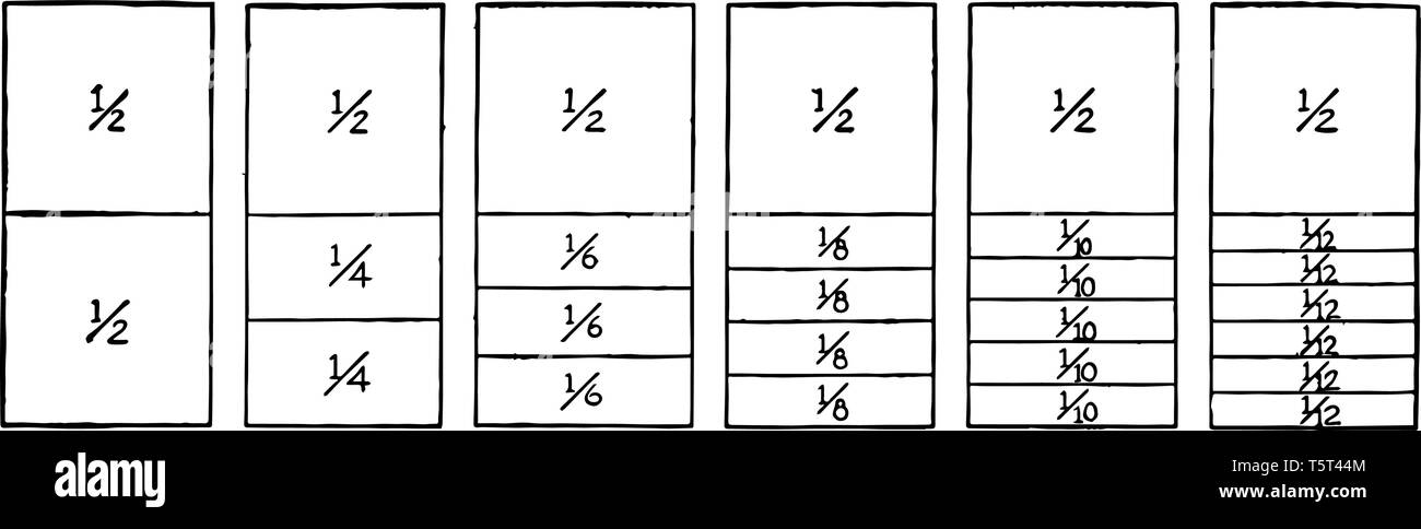 Une photo montrant des comparaisons de fraction. Comparer les valeurs de la fraction des rectangles à la moitié : 1/4, 1/6, 1/8, 1/10 et 1/12, vintage ou dessin de ligne engra Illustration de Vecteur