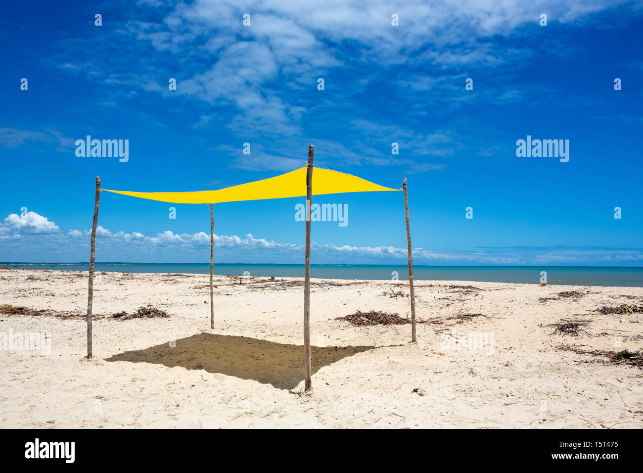 Belle vue sur la plage avec une tente jaune aux beaux jours d'été et la mer et ciel bleu en arrière-plan. Concept de vacances, calme et repos. Bahia. Banque D'Images