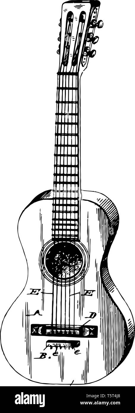 Cordes guitare classique est un instrument de musique de la famille cordophones, vintage dessin ou gravure illustration. Illustration de Vecteur