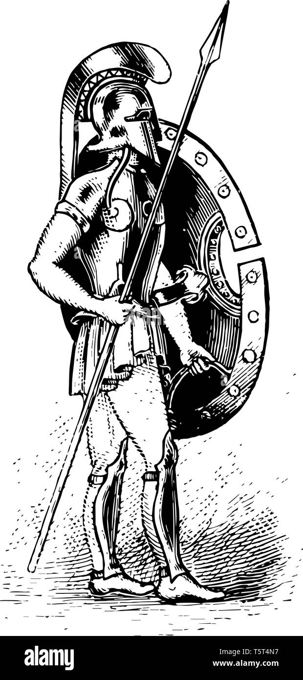 Un hoplite grec portant son costume, vintage dessin ou gravure illustration. Illustration de Vecteur