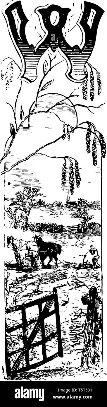 Cette image comprend la lettre W. Il y a la scène de la nature autour de la lettre. Photo inclut un agriculteur avec chevaux et autour de certains arbres sont al Illustration de Vecteur