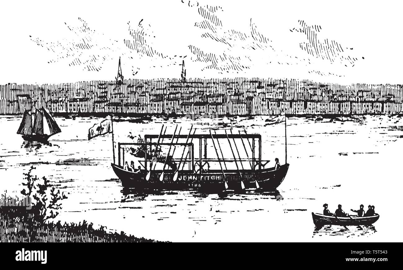 John Fitch steamboat qui a été le plus célèbre pour l'exploitation du premier navire à vapeur service aux États-Unis, vintage dessin ou gravure illustrat Illustration de Vecteur