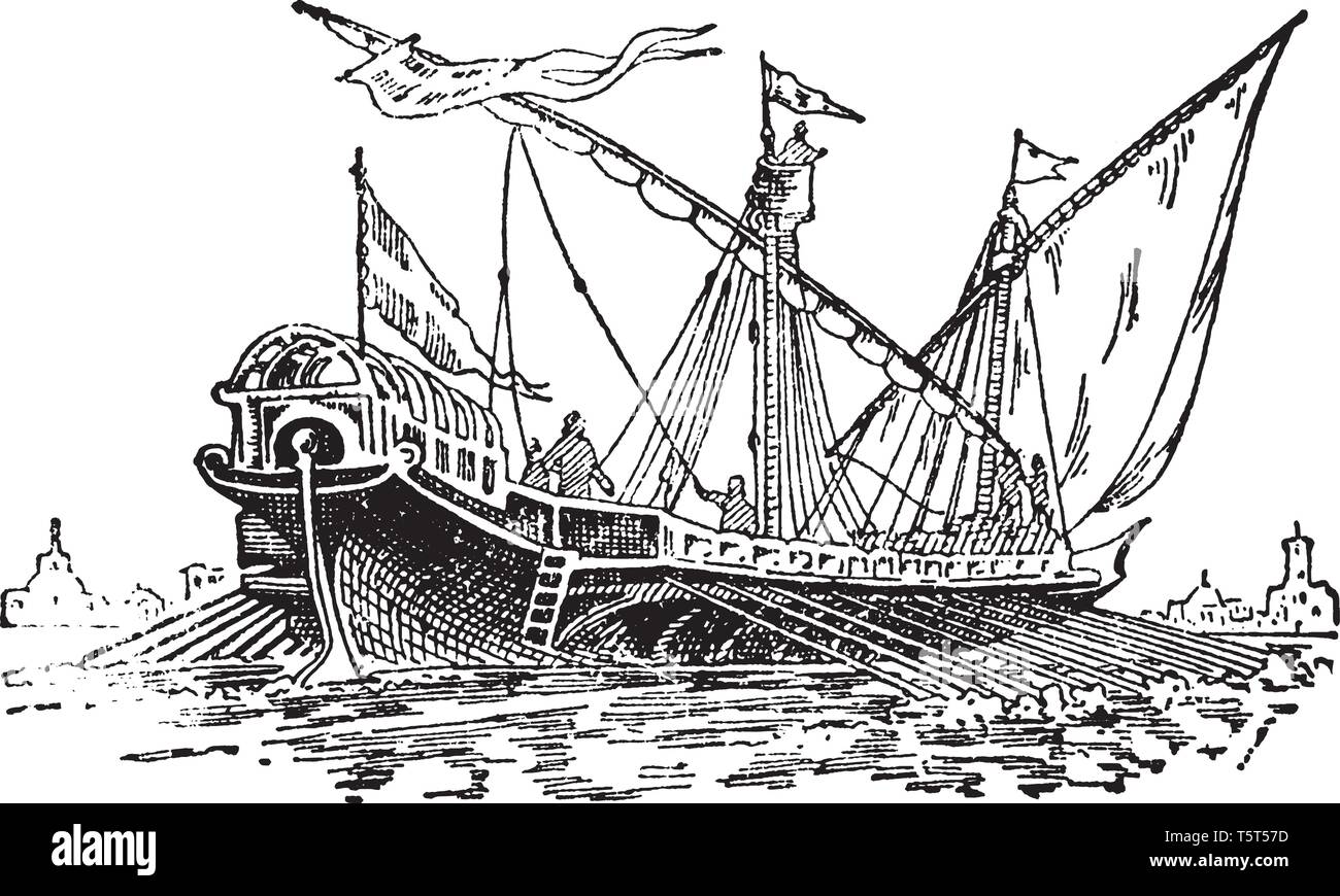 Cuisine vénitienne était la marine de la République de Venise et utilisé à la fois comme une escorte et un transport, vintage dessin ou gravure illustration. Illustration de Vecteur