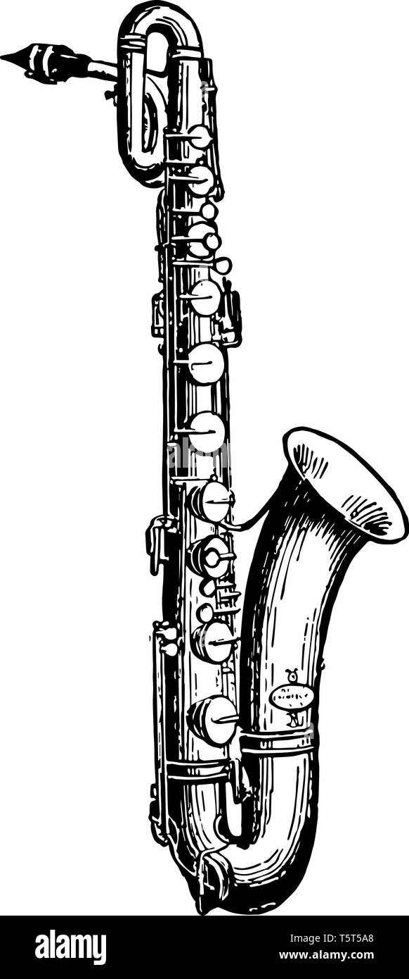 Saxophone basse qui est le plus profond du pan de saxophones, vintage dessin ou gravure illustration. Illustration de Vecteur