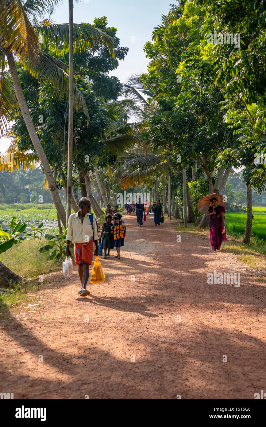 Vue verticale de gens qui marchent le long de la berge, dans Alleppy, Inde Banque D'Images
