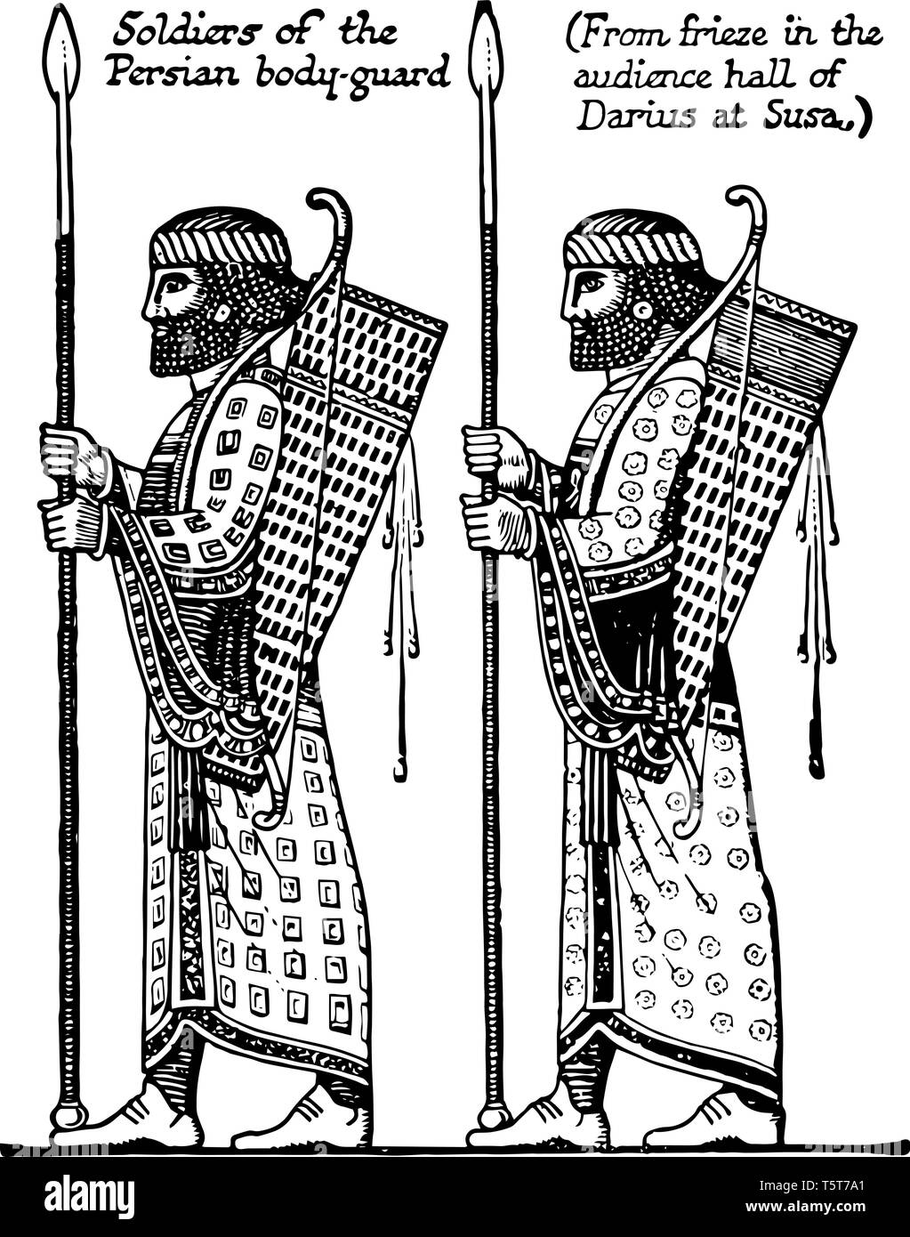 Des soldats de la garde du corps. À partir de la frise dans la salle d'audience de Darius à Susa, vintage dessin ou gravure illustration. Illustration de Vecteur