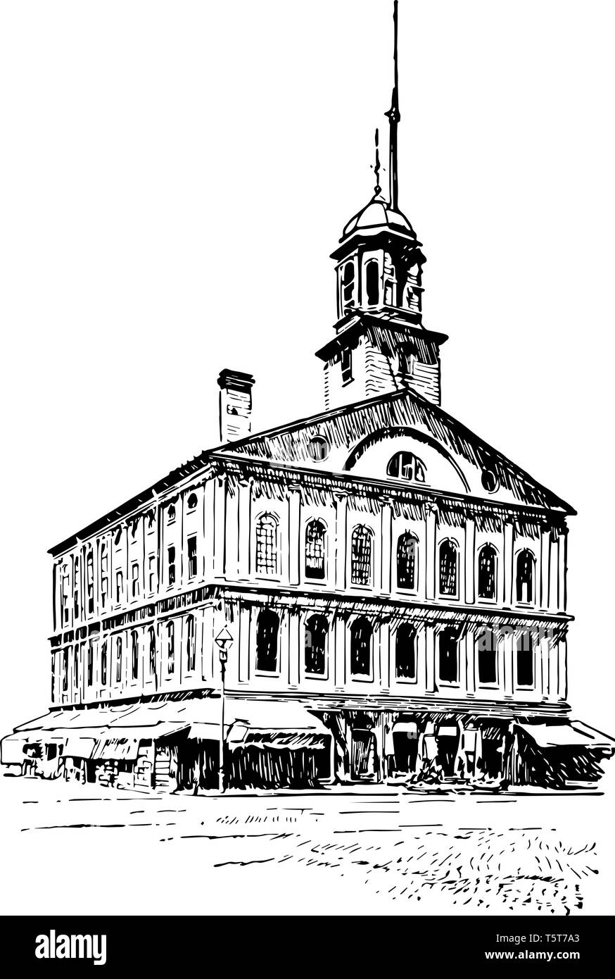 Faneuil Hall est un gouvernement centre de Boston qui a été l'emplacement de nombreuses interventions de Samuel Adams, James Otis vintage le schéma. Illustration de Vecteur