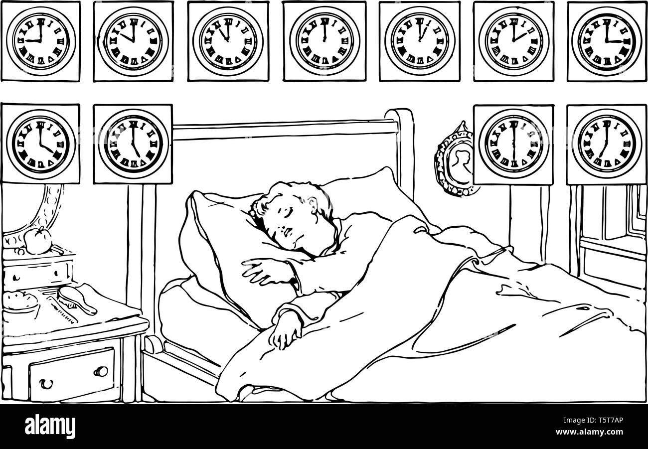 L'image montre l'intervalle de temps de 9:00 à 7:00 d'un enfant endormi sur son lit. Un tableau est accroché à côté de son lit, vintage ou dessin de ligne engra Illustration de Vecteur