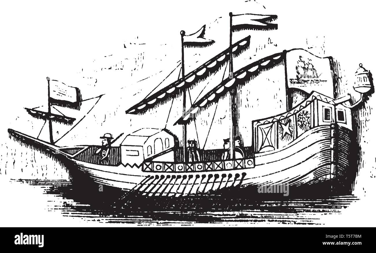 Caravel espagnol est un petit voilier très manœuvrables mis au point au 15ème siècle, dessin de ligne vintage ou gravure illustration. Illustration de Vecteur