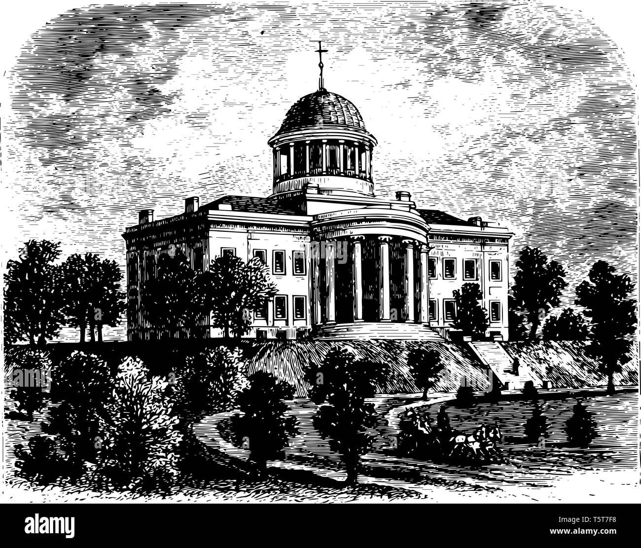 Missouri State Capitol est un magnifique bâtiment en forme de dôme gouvernement situé dans Jefferson City vintage le schéma. Illustration de Vecteur