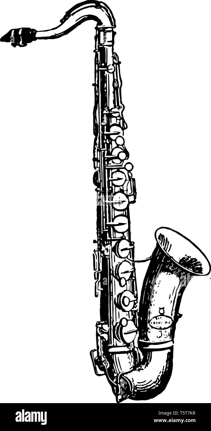 Saxophone ténor de taille moyenne est membre de la famille, saxophone vintage dessin ou gravure illustration. Illustration de Vecteur