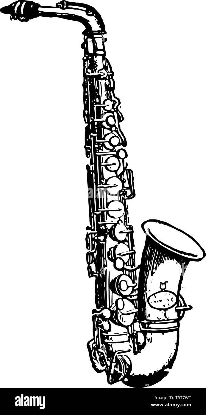 Saxophone Alto est constitué d'un tube de laiton conique, vintage dessin ou gravure illustration. Illustration de Vecteur