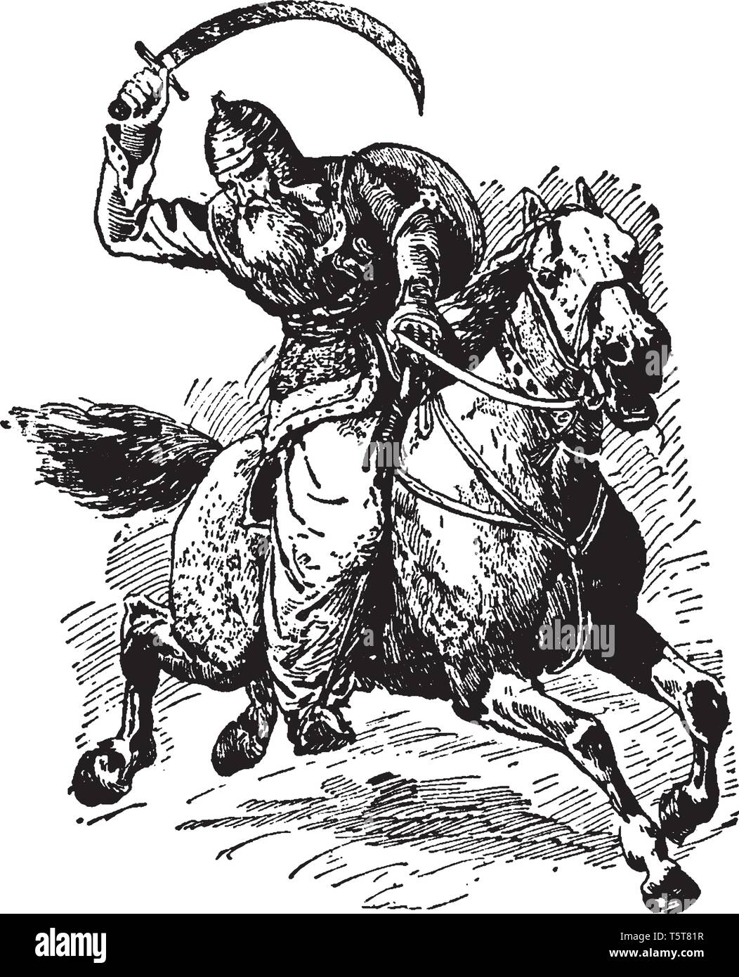 Un soldat tenant un sabre dans la main et de l'équitation à cheval, vintage dessin ou gravure illustration Illustration de Vecteur
