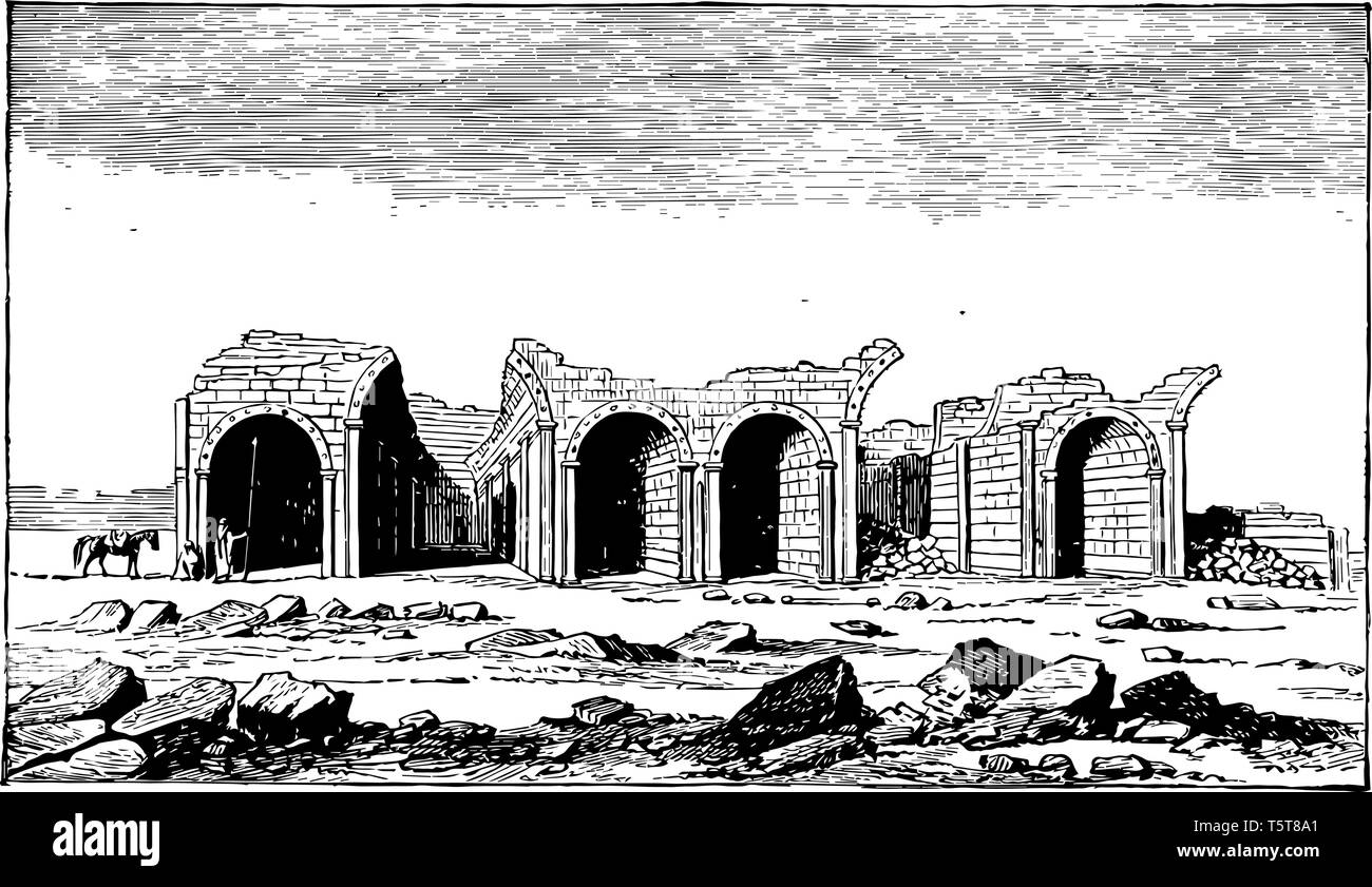 Cette image montre les ruines de l'ancienne ville. Cette image comprend un cheval avec 2 personnes, vintage dessin ou gravure illustration. Illustration de Vecteur