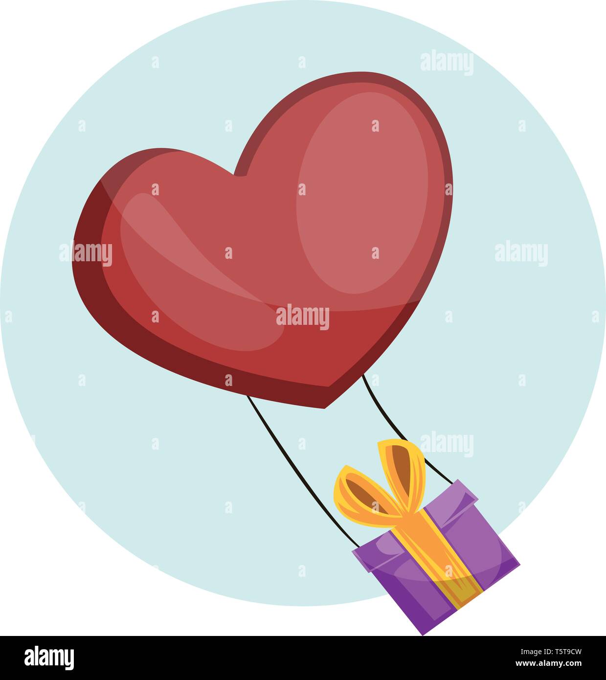 Boîte de cadeau avec ruban jaune noué sur un ballon rouge en forme de cœur à la lumière illustrtation vecteur cercle bleu sur fond blanc. Illustration de Vecteur