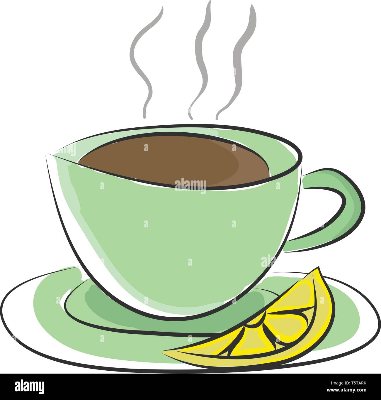 De couleur verte avec tasse et soucoupe thé chaud et une tranche de citron  est prêt à être apprécié par quelqu'un dessin en couleur ou de  l'illustration vectorielle Image Vectorielle Stock -