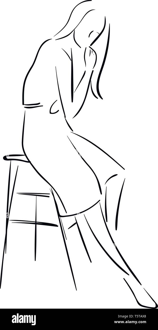 La silhouette d'une belle femme en cheveux libre est assis sur une chaise avec sa tête appuyée sur son côté droit regarde avec surprise vector dessin en couleur Illustration de Vecteur