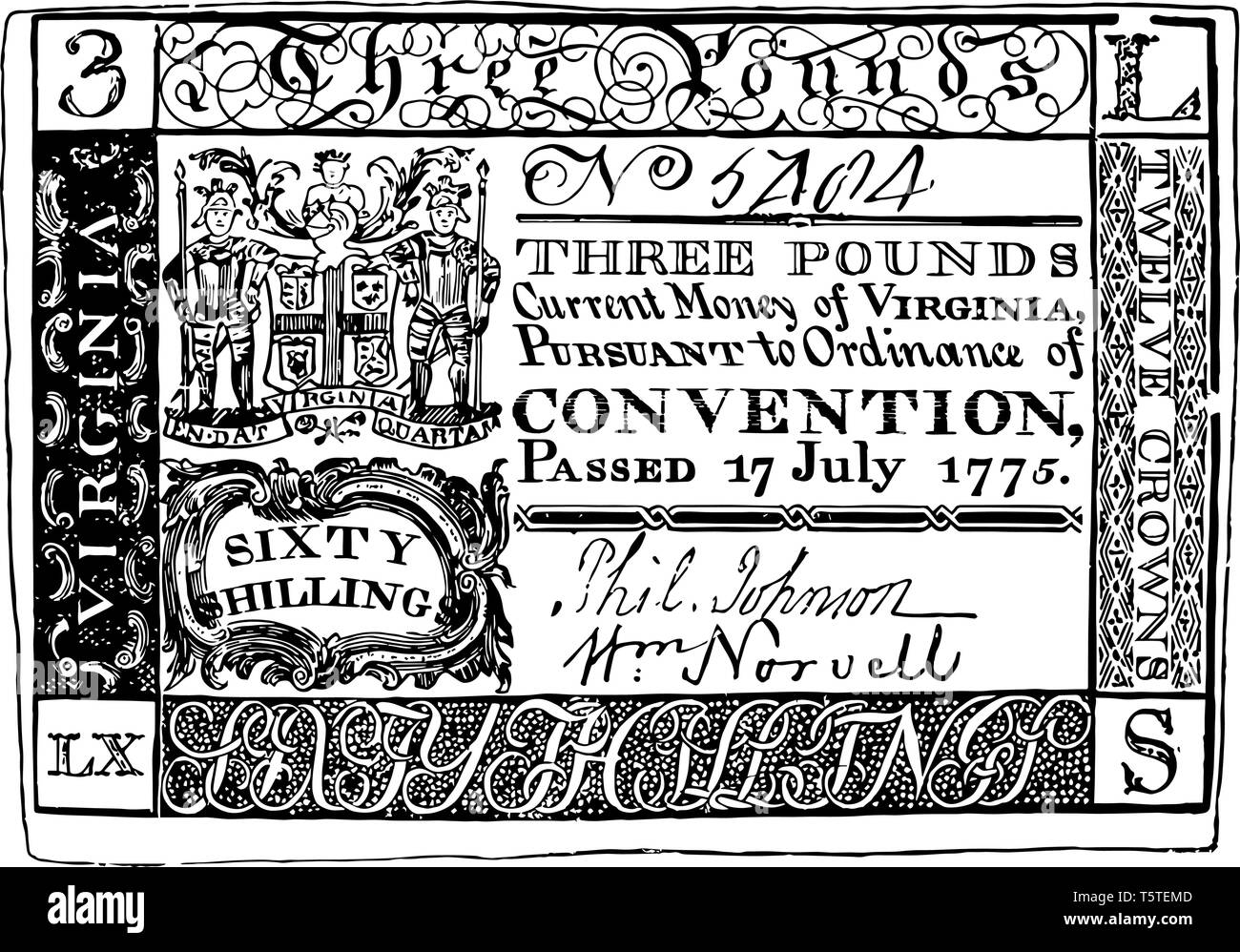 C'est les trois livres de loi loi de 1775 Monnaie de Virginie. Sur la photo que le cuivre-plaque notes, chaque valeur est différente, vintage ou dessin de ligne engravi Illustration de Vecteur