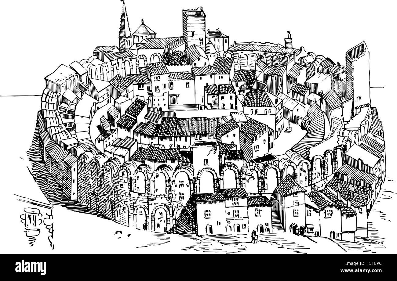 L'amphithéâtre qui montre d'Arles. Forteresse avec chambre. Il est fait au 8ème siècle, la gravure ou le dessin des lignes vintage illustration. Illustration de Vecteur