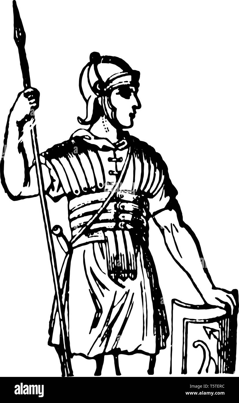 C'est l'image de la soldat romain. Soldat romain avec cuiras. Ils portaient un chapeau sur leur tête, vintage dessin ou gravure illustration. Illustration de Vecteur