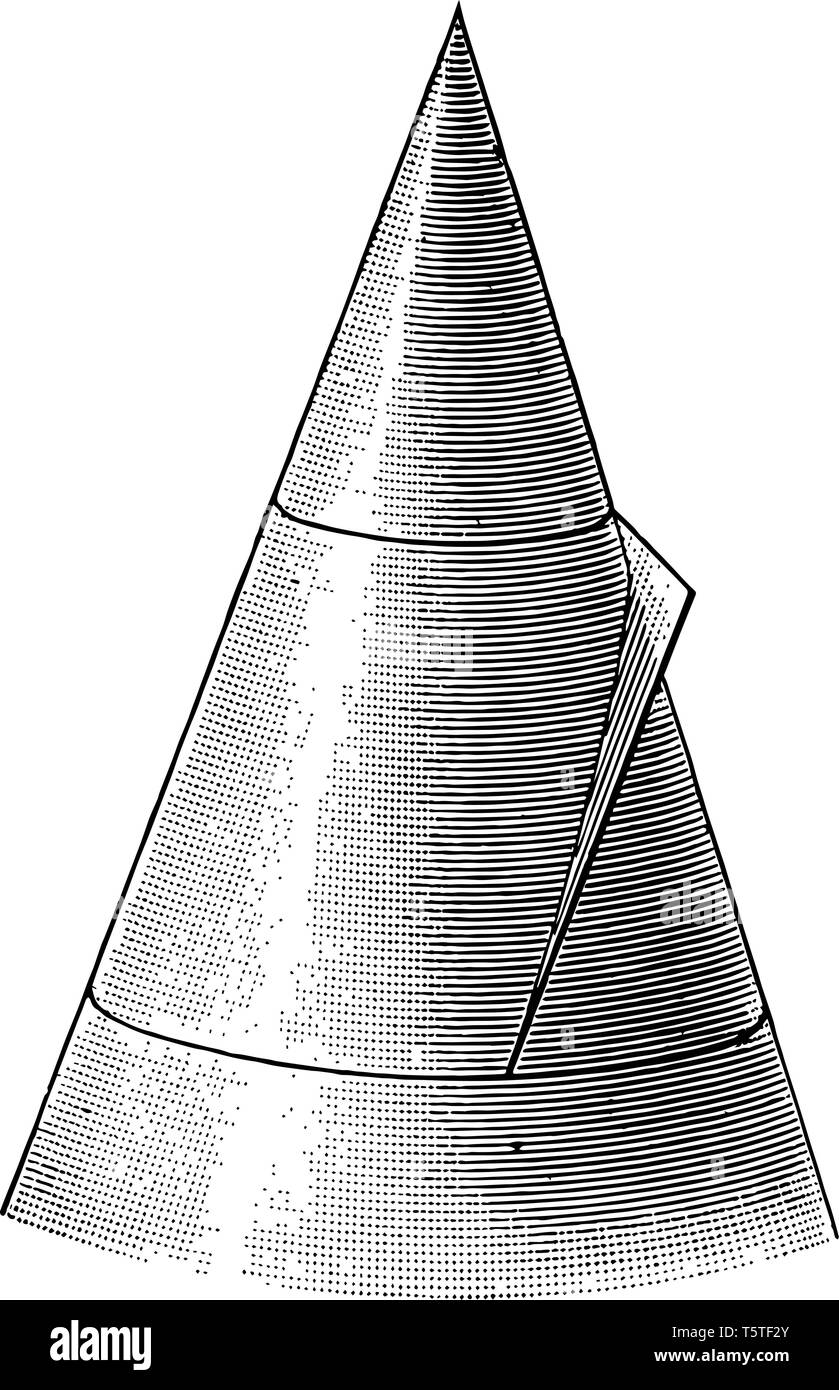 Une parabole est une section conique formé par un disque. L'avion est comme le même en diagonale dans le cône, vintage dessin ou gravure illustration. Illustration de Vecteur