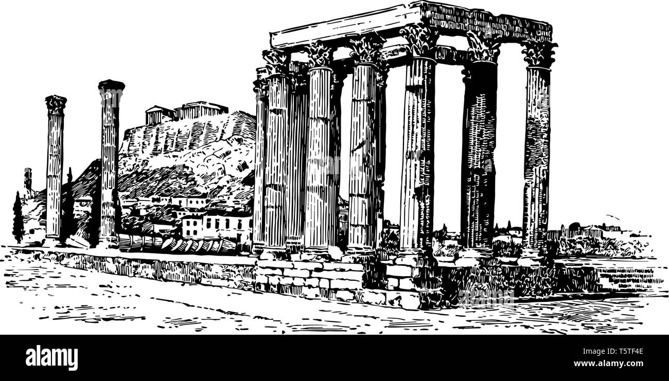 Les ruines d'Olympieum, vintage dessin ou gravure illustration. Illustration de Vecteur