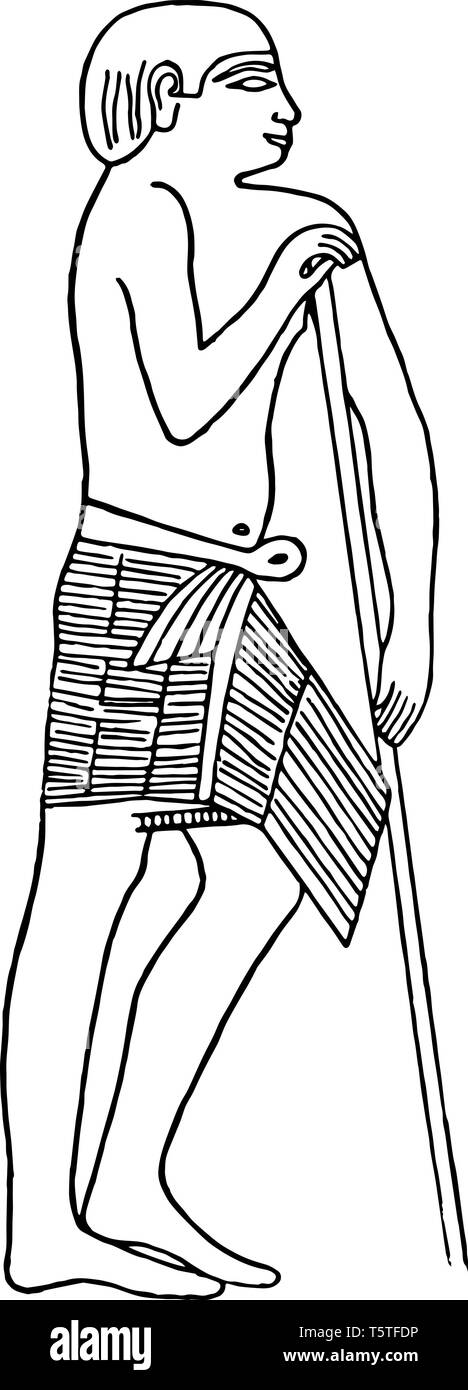 Illustration d'un homme portant une jupe avec une ceinture à la taille qui est porté par des prêtres égyptiens au cours de la 5ème dynastie, vintage line Illustration de Vecteur