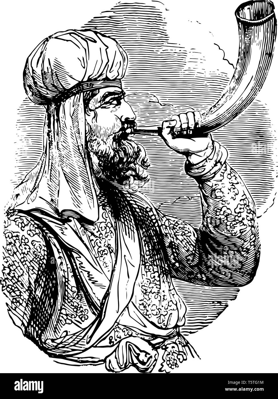 Sons prêtre juif Shofar est une corne de cérémonie utilisé dans les services de culte juif, vintage dessin ou gravure illustration. Illustration de Vecteur