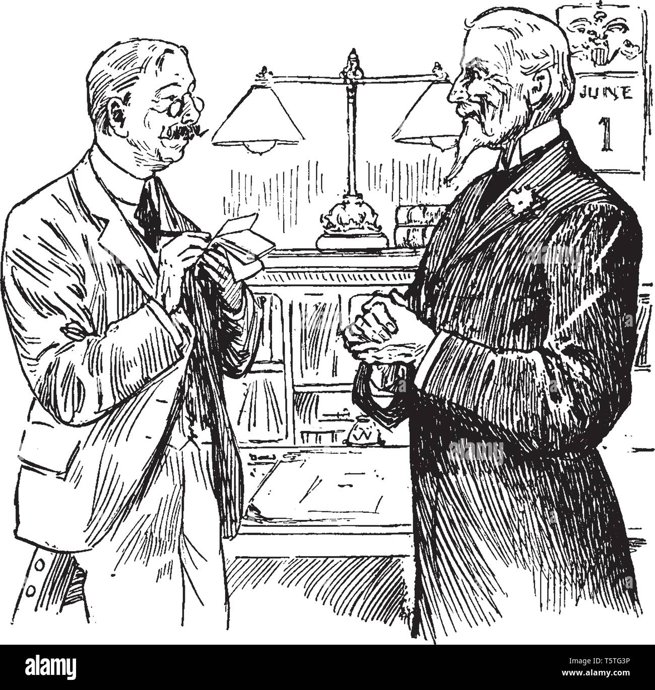 Deux hommes parlant entre eux, vintage dessin ou gravure illustration Illustration de Vecteur