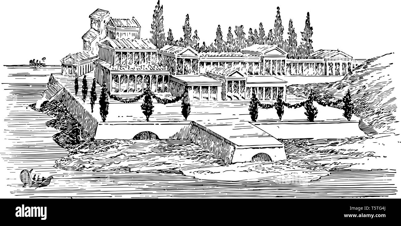 Cette image représente l'ancienne villa romaine. Il y a beaucoup d'arbres dans l'avant et l'arrière, vintage dessin ou gravure illustration. Illustration de Vecteur