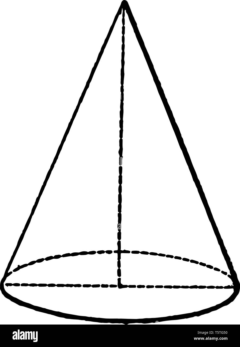 Le cône est une forme géométrique à trois dimensions. L'axe du cône est la ligne droite, vintage dessin ou gravure illustration. Illustration de Vecteur