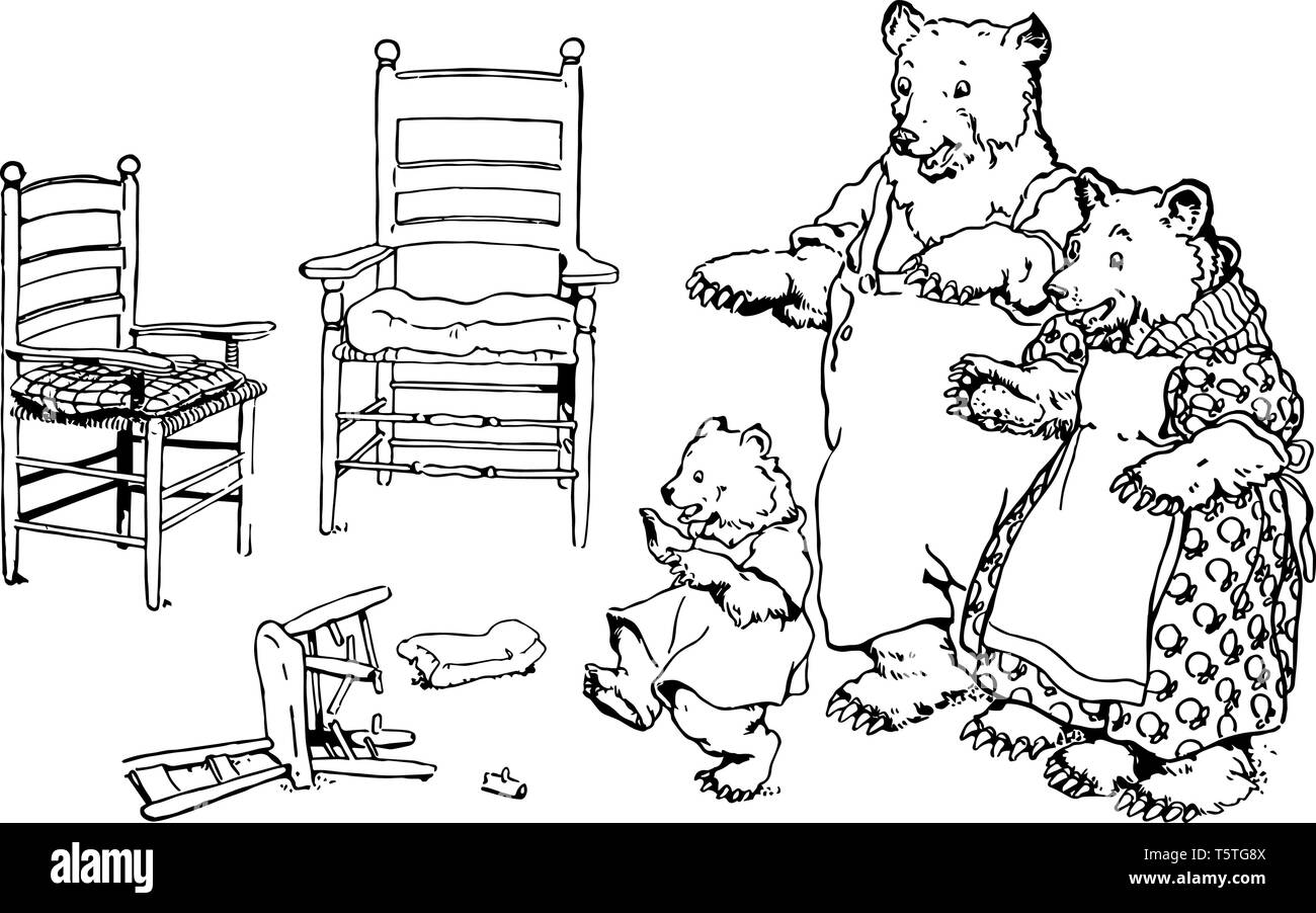 Photo de deux ours et un tout petit ours, trois chaises sont placés devant eux. Un président est tombé au sol, vintage dessin ou gravure j Illustration de Vecteur