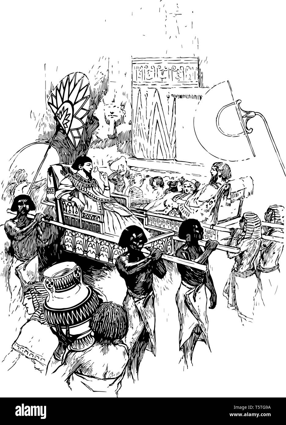 Une illustration d'Égyptiens transportant un palanquin, vintage dessin ou gravure illustration. Illustration de Vecteur