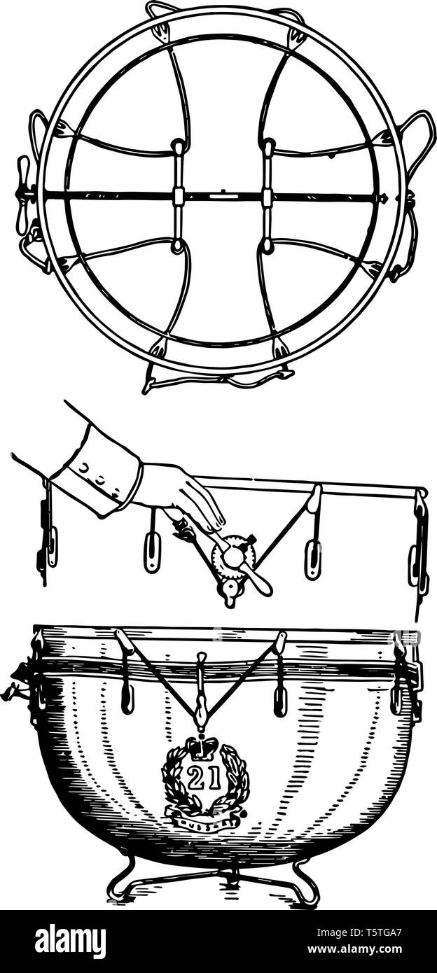 Timbale mécanique est un instrument de musique à percussion, la famille vintage dessin ou gravure illustration. Illustration de Vecteur