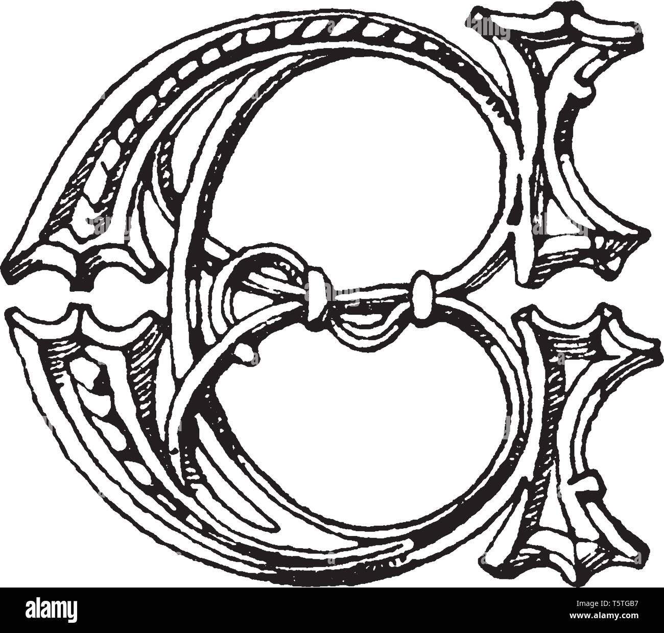 Une lettre majuscule E en onciale gothique, vintage dessin ou gravure illustration Illustration de Vecteur