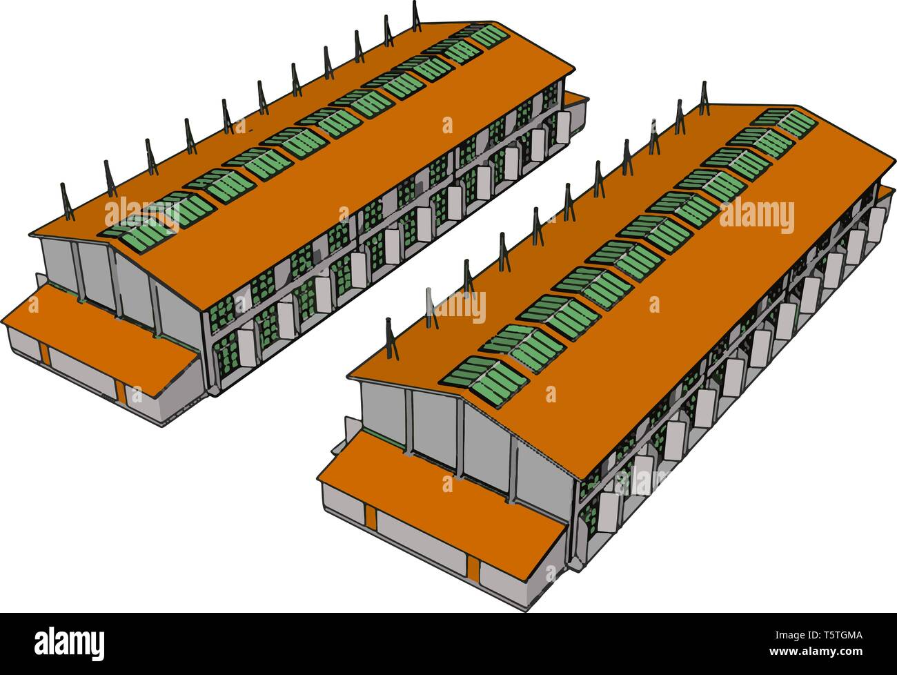 Vert et orange, deux grandes granges modernes avec open s'arrête et toit vert illustration vectorielle windows sur fond blanc Illustration de Vecteur