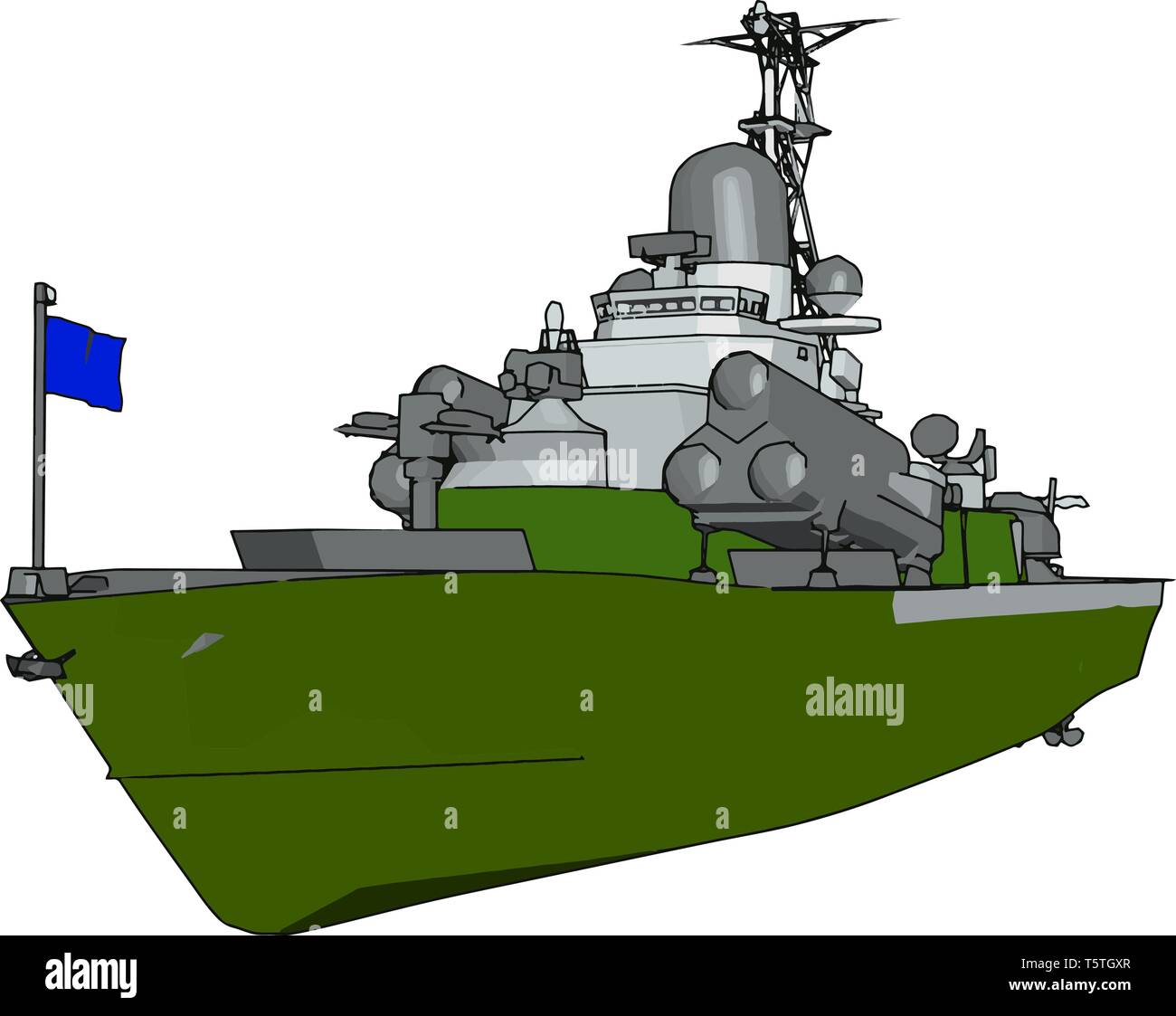 Illustration 3D de vecteur sur fond blanc d'un bateau militaire vert et gris avec un drapeau bleu Illustration de Vecteur