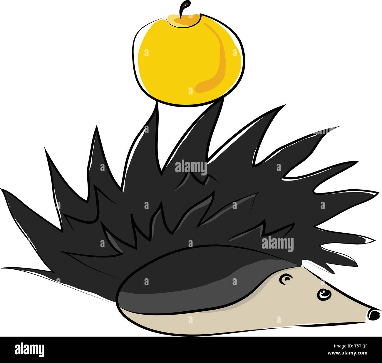 Dessin animé mignon petit hérisson avec une couleur jaune collé sur sa colonne vertébrale apple se trouve dans le sol forestier vector dessin en couleur ou de l'illustration Illustration de Vecteur