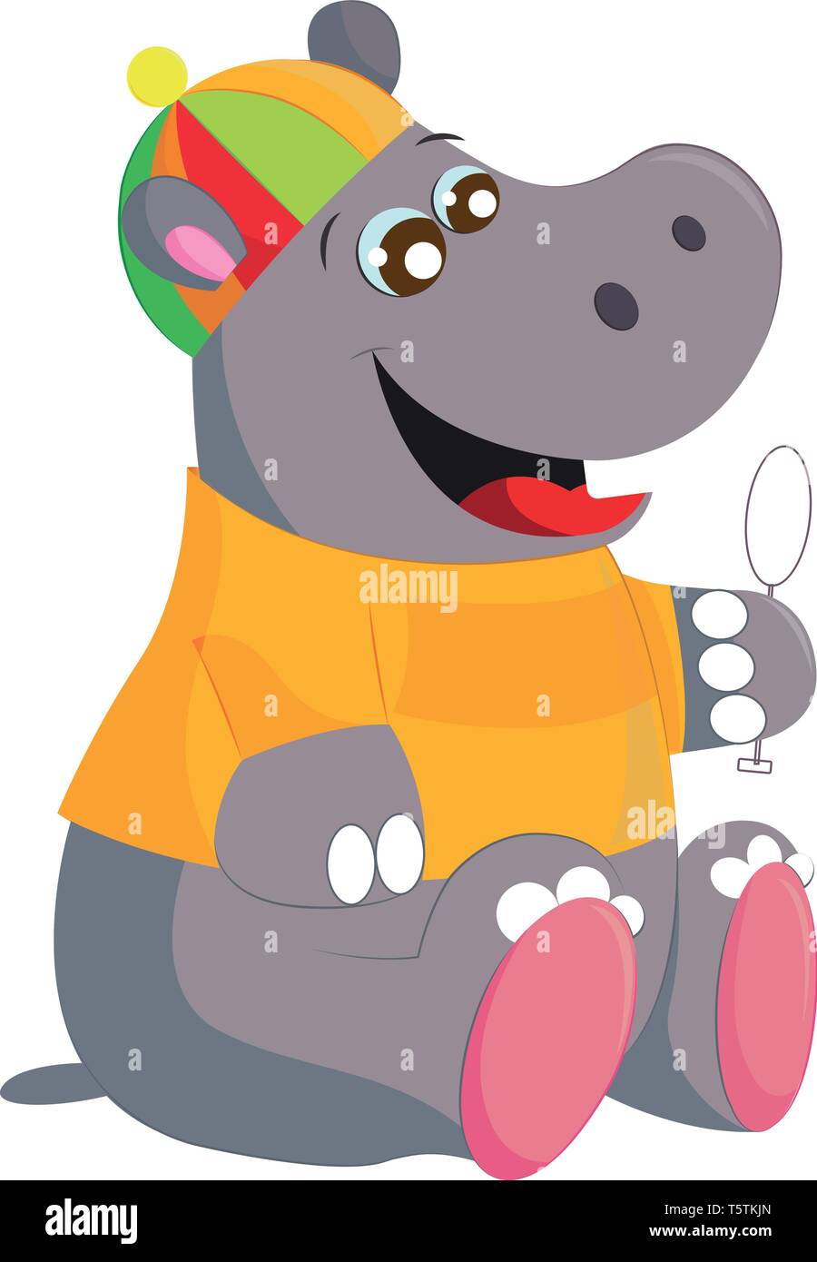 Un hippopotame portant un chapeau coloré à la recherche au petit miroir dans la main en riant vector dessin en couleur ou de l'illustration Illustration de Vecteur
