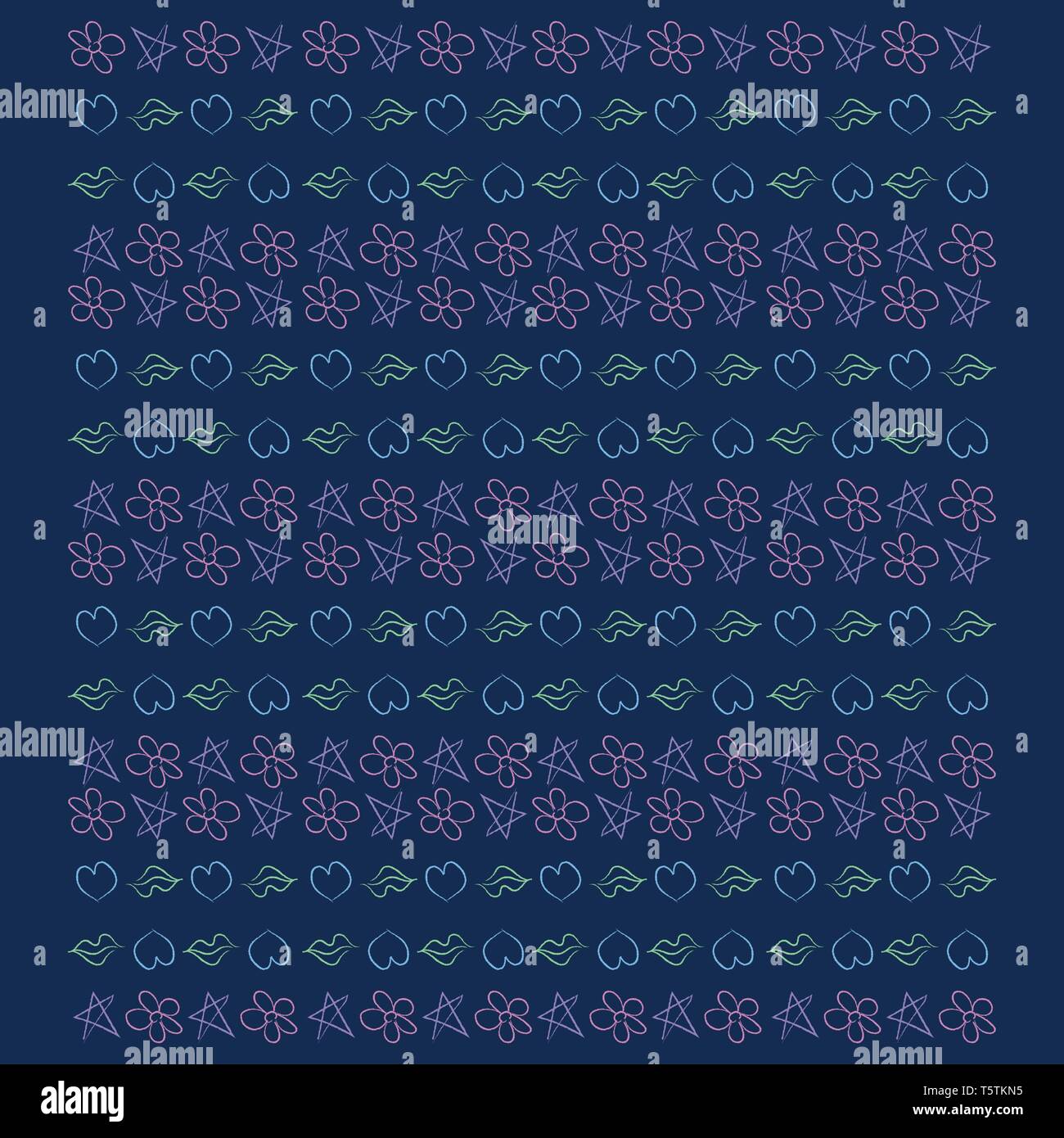 Un schéma régulier de lèvres étoiles fleurs et coeurs disposés en rangées sur un fond bleu lumineux de couleur ou de dessin vectoriel illustration Illustration de Vecteur