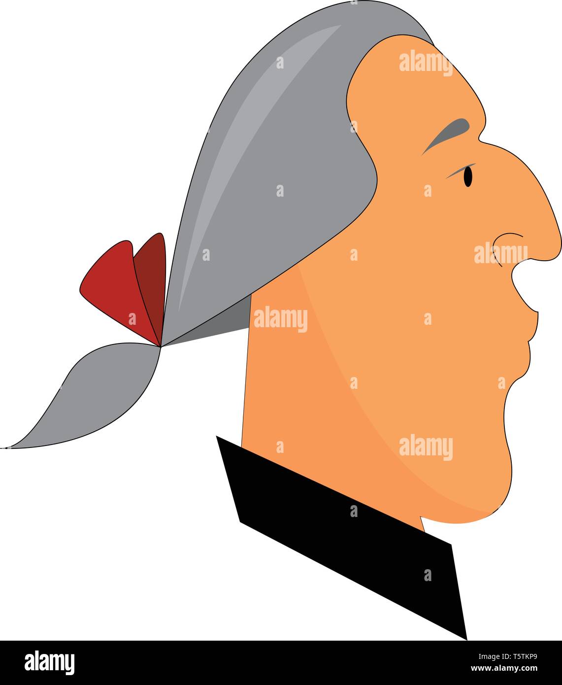 Un homme en perruque de couleur grise a attaché ses cheveux avec un ruban de couleur rouge Il est habillé d'une chemise de couleur noire et dispose d'un grand nez incurvé vector c Illustration de Vecteur