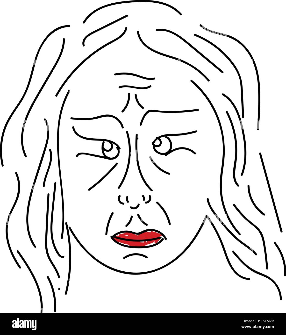 Un portrait d'art de la ligne d'une vieille femme triste de rides sur tout le visage yeux dans différentes positions et ses grosses lèvres peintes en rouge couleur de scénario dr Illustration de Vecteur