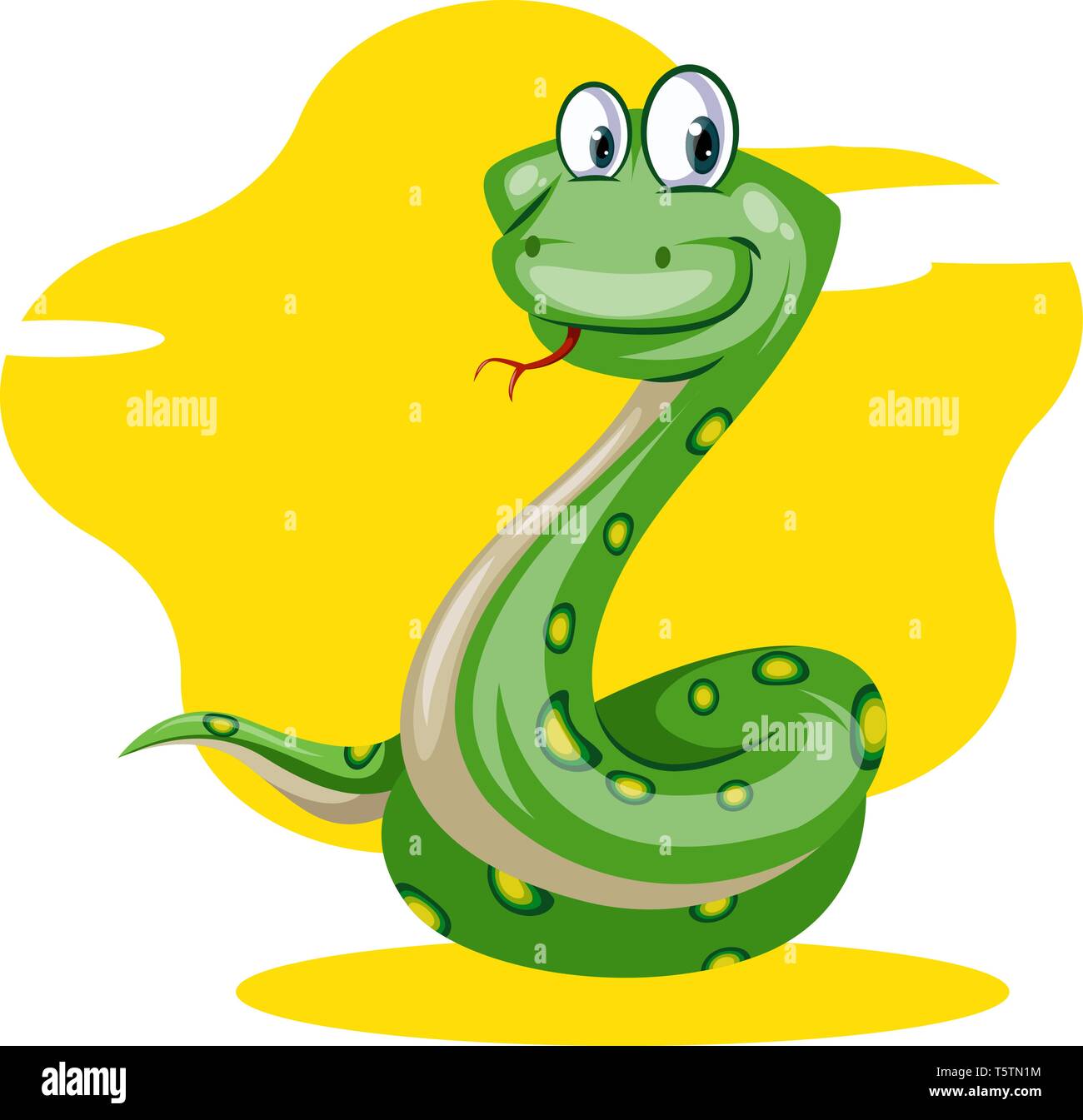 Un serpent vert avec des points jaunes sur fond jaune avec de grands yeux, Scénario, dessin en couleur ou d'illustration. Illustration de Vecteur