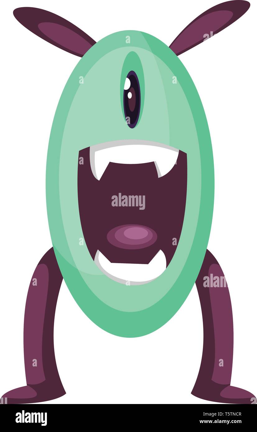 Caractère excité monstre vert violet avec les jambes et les oreilles vector illustration sur fond blanc. Illustration de Vecteur