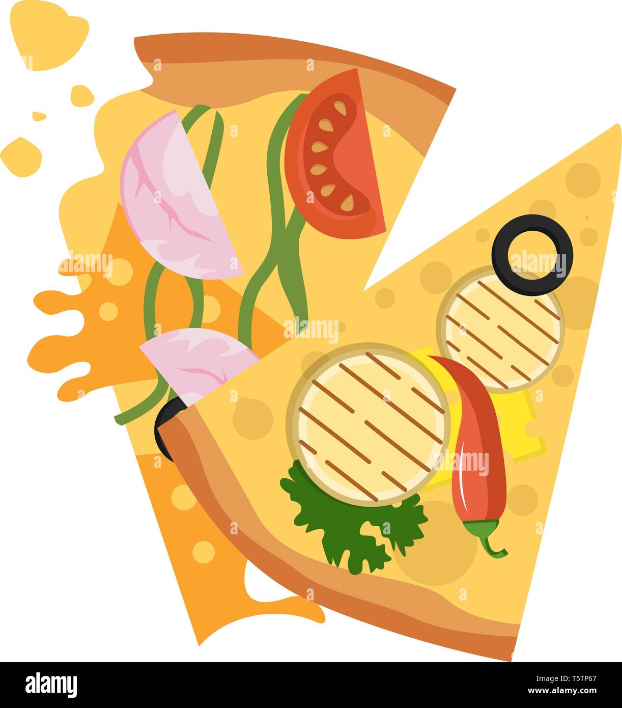 Tranche de légumes et de tranche de jambon pizza vecteur illustration sur fond blanc Illustration de Vecteur