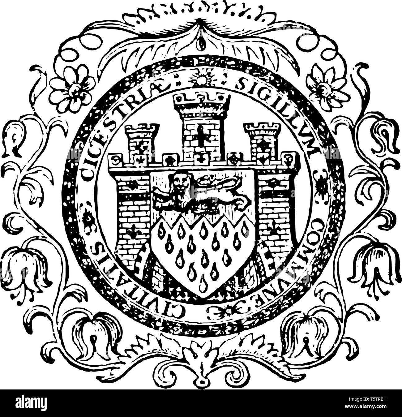 Le sceau de la ville de Chichester England ce joint a un cercle il y a un château et lion assis au centre vintage dessin ou gravure Illustration de Vecteur