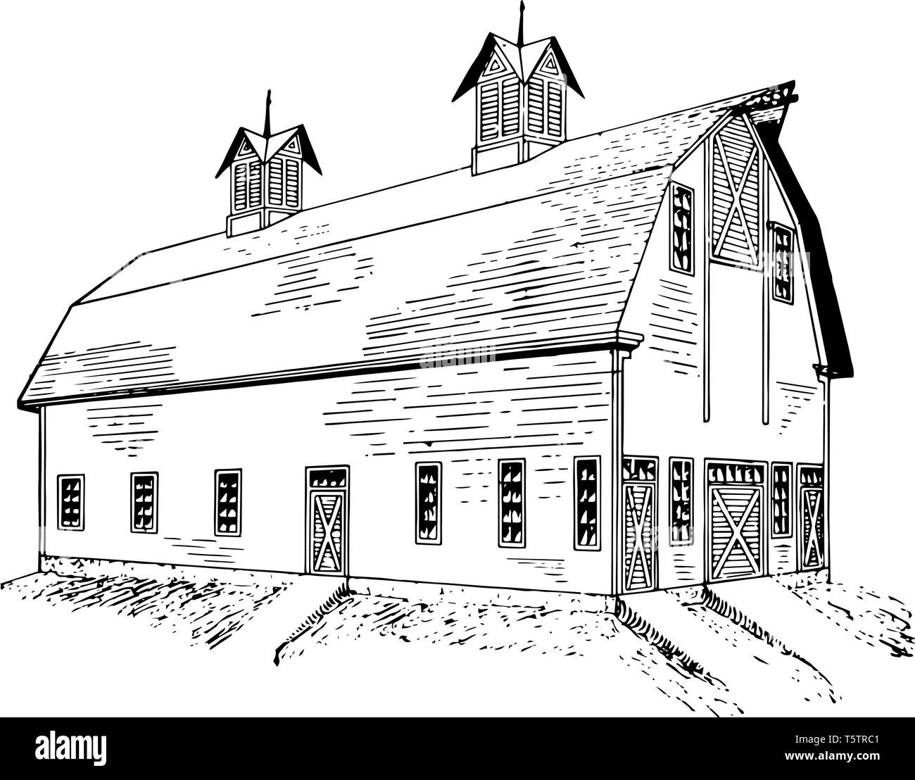 Étable des bovins laitiers bâtiment agricole barn fait référence à des structures qui loger les animaux bovins et chevaux et matériel de dessin ligne vintage de fourrage ou d'engravi Illustration de Vecteur