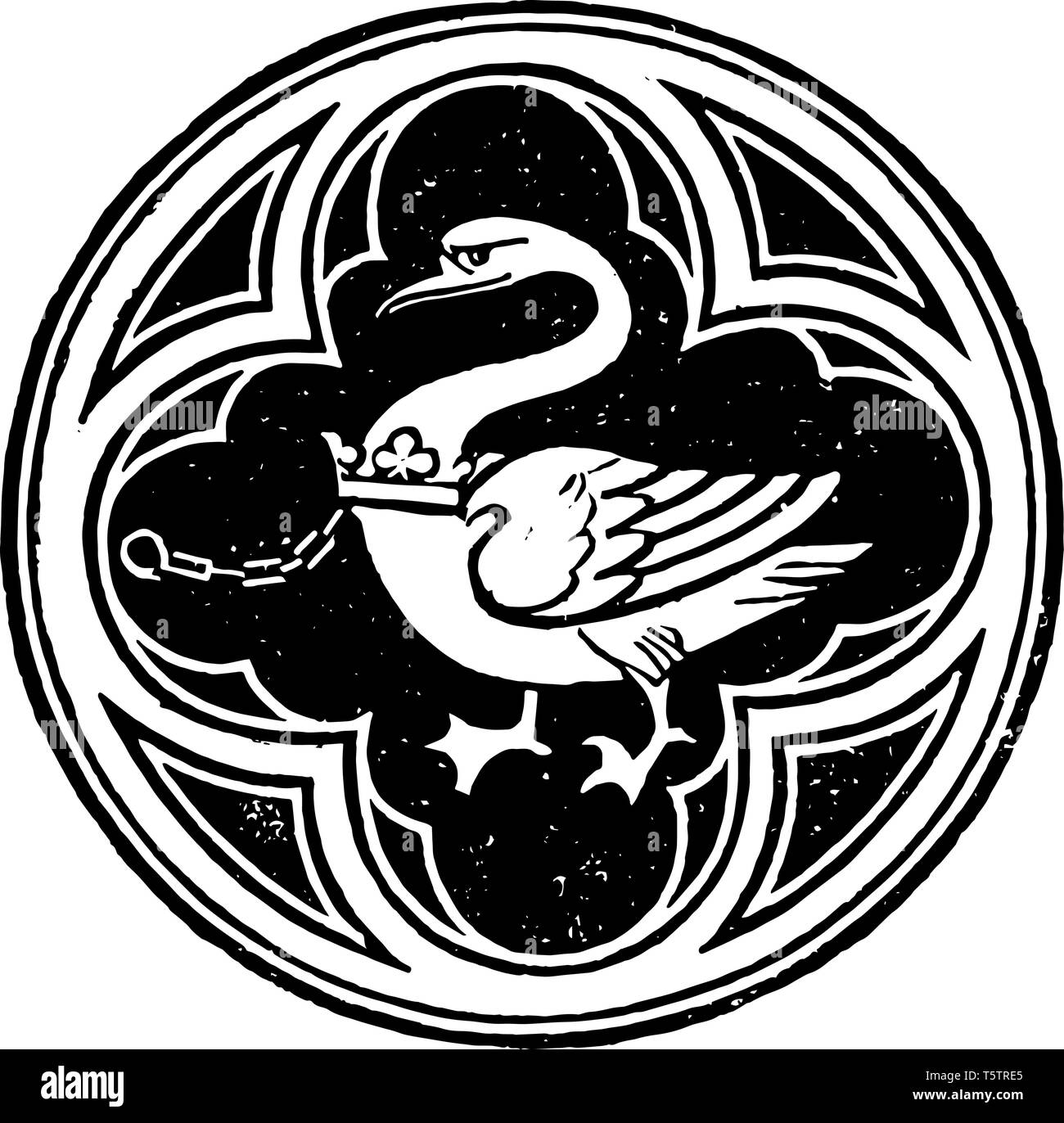 De Bohun insigne est le tympan central de la canopée de la famille noble médiévale légende du chevalier Swan vintage dessin ou gravure illustration. Illustration de Vecteur